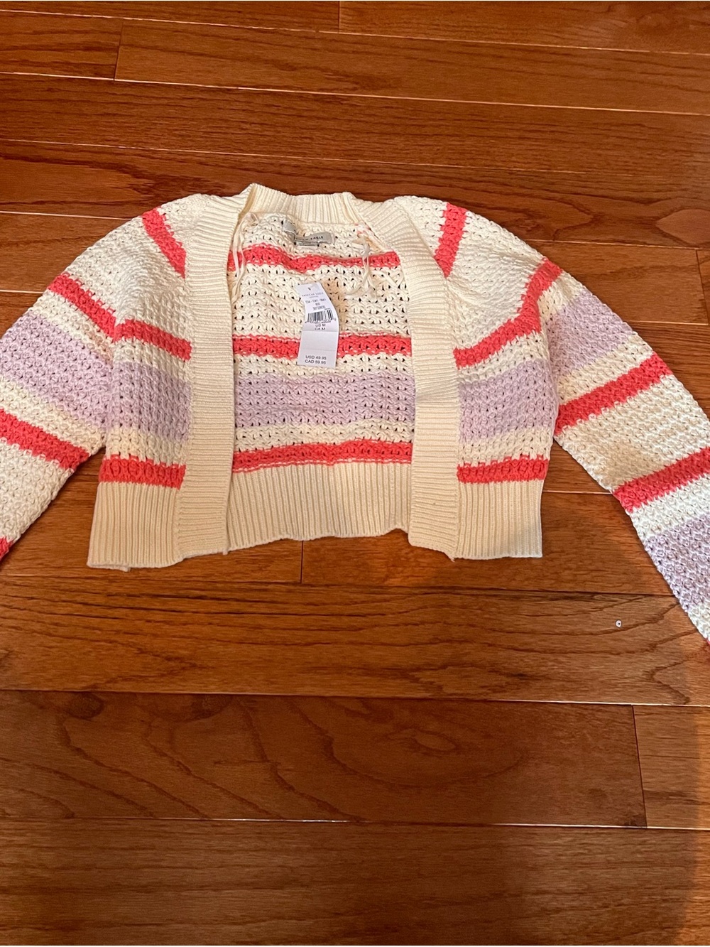 American Eagle Cream Open-Front Cropped Knit Sweater with Pink and Coral Stripes